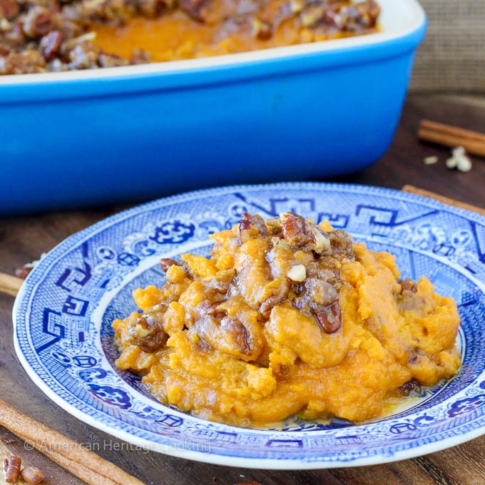 An easy recipe for Sweet Potato Casserole Lightened Up! Still packed with brown sugar, buttery goodness but with half the calories! 