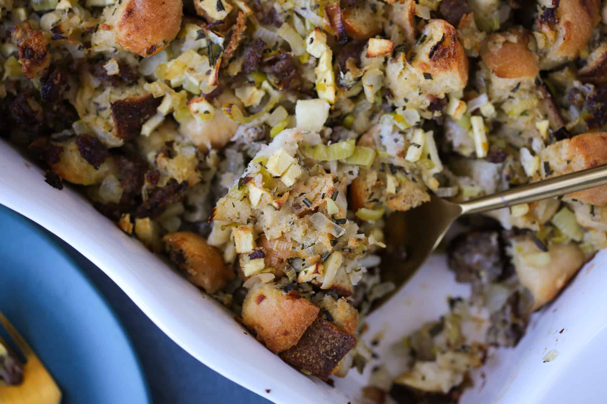Apple Sage Sausage Stuffing with toasty crusty bread on top.