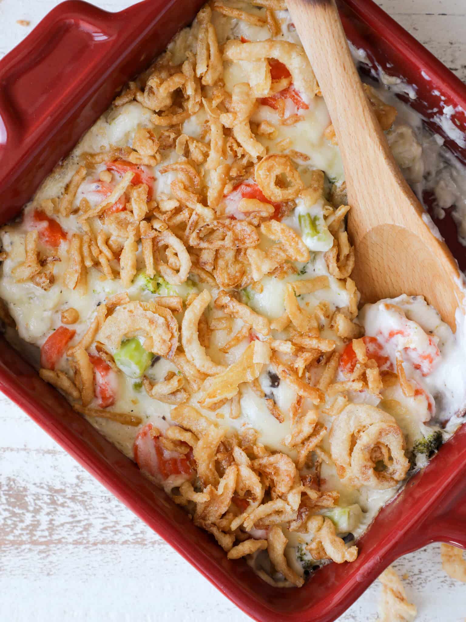 Creamy Swiss Cheese Mixed Vegetable Casserole red dish