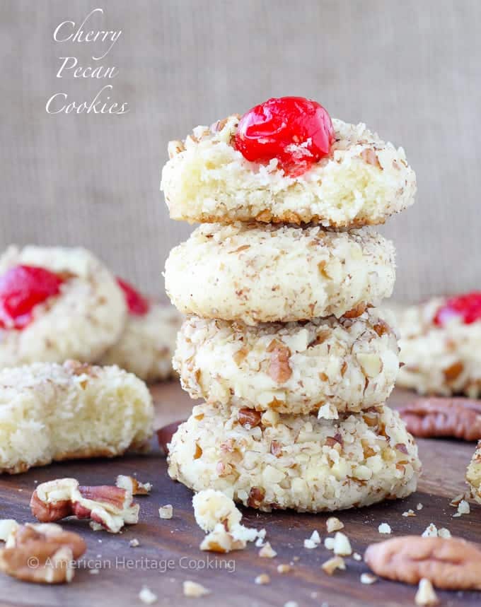 These easy Cherry Pecan Cookies are soft, chewy and nutty. A cream cheese sugar cookie is generously flavored with almond extract and rolled in pecans! My favorite Christmas Cookie recipe of all time! 