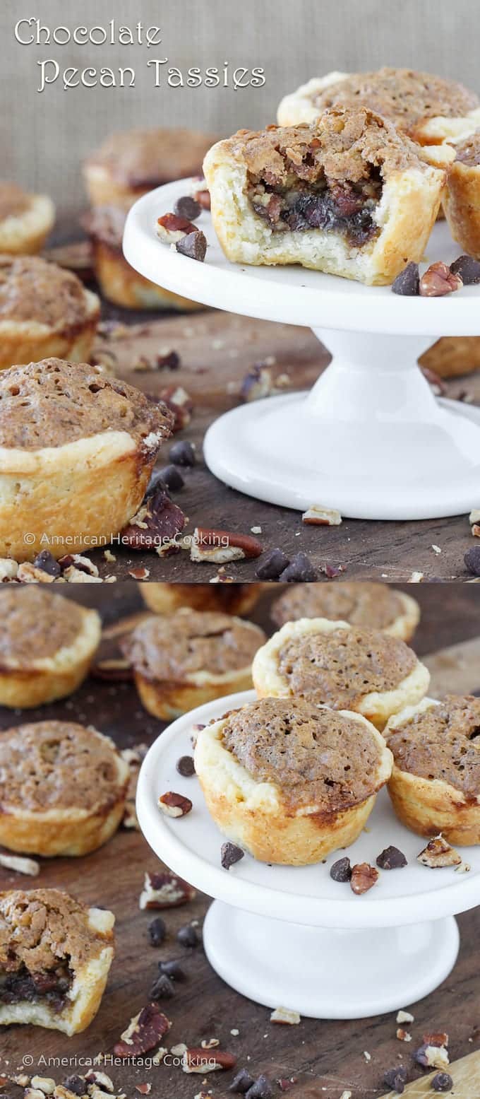 These Chocolate Pecan Tassies are like mini pecan pies with a cream cheese crust! Based on my great-grandmother's recipe! 