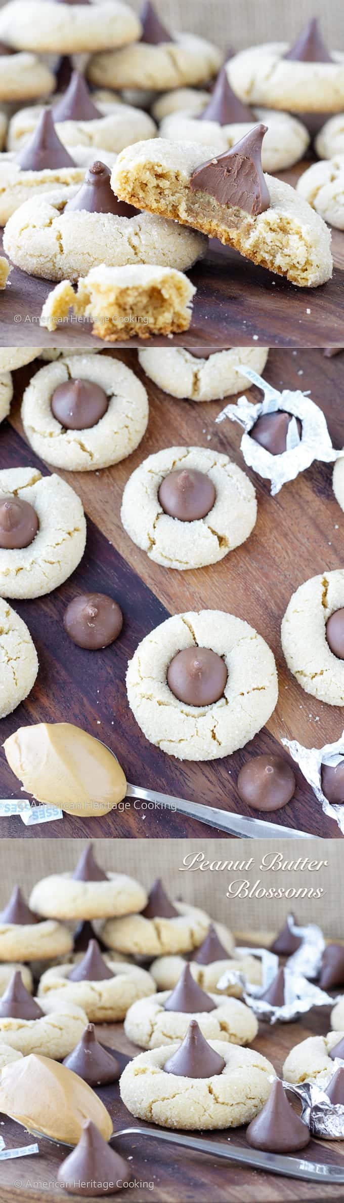 Peanut Butter Blossoms are a classic chewy peanut butter cookie rolled in sugar and topped with a Hershey kiss. A little crisp outside but chewy within!