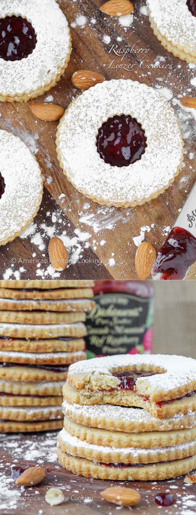 Circularly cut linzer cookies with red raspberry centers.