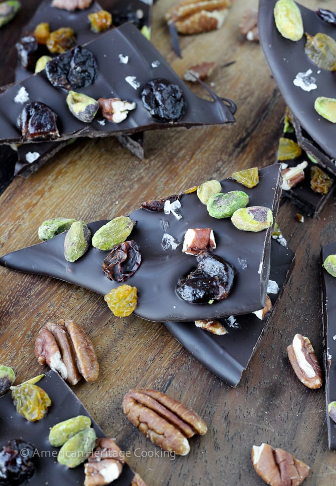 Salted Chocolate Cherry Pistachio Pecan Holiday Bark Wood Background Easy Chocolate Desserts.