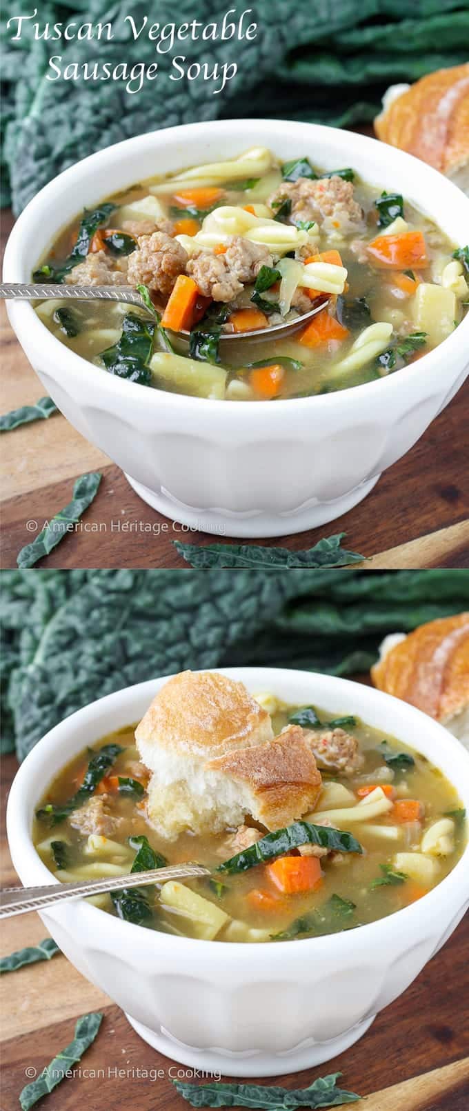 Two bowls of Italian sausage soup in a collage.