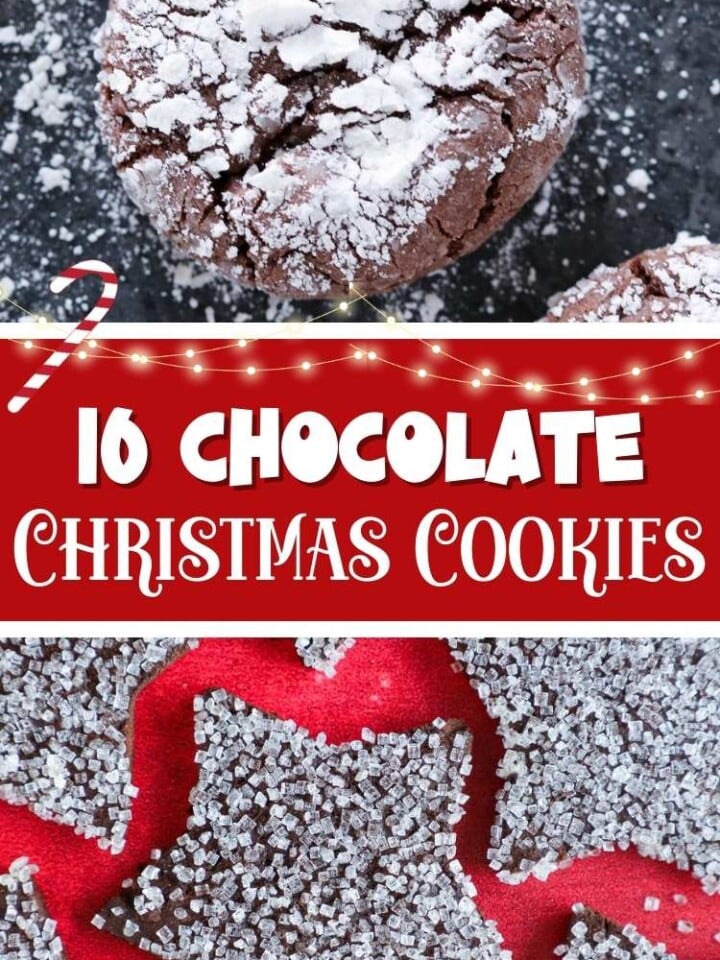 chocolate crinkle cookies and chocolate star cookies with text.