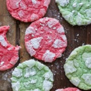 Festive Almond Crinkle Cookies red and green cookies on wood