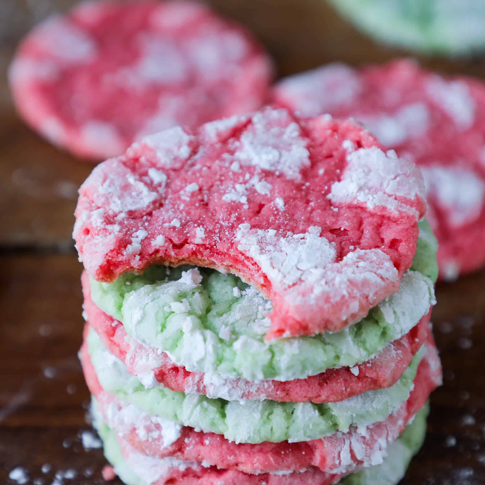 Festive Almond Crinkle Cookies stacked top view