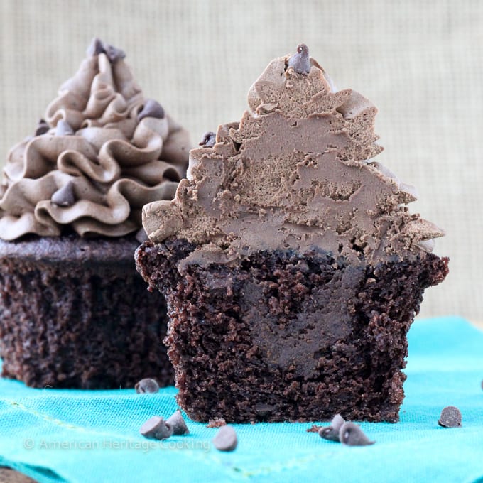 These are really The BEST Death by Chocolate Cupcakes! Double chocolate cake filled with German's chocolate ganache all topped with a silky dark chocolate buttercream!