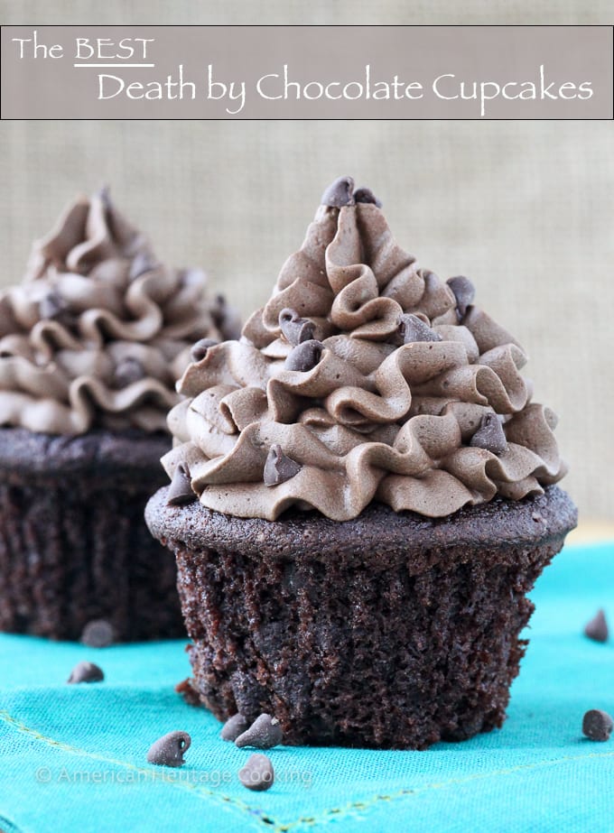 These are really The BEST Death by Chocolate Cupcakes! Double chocolate cake filled with German's chocolate ganache all topped with a silky dark chocolate buttercream! 