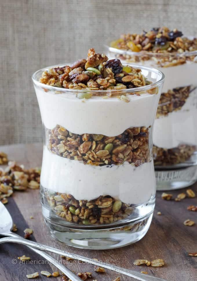 Pumpkin yogurt parfait layered in a glass