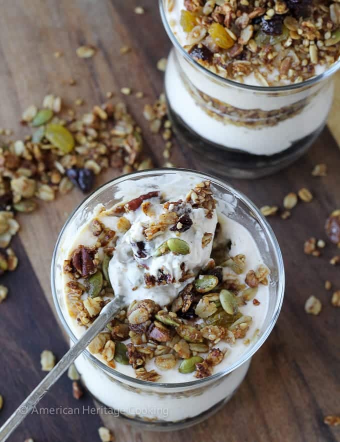 These Maple Steel Cut Oats Granola Pumpkin Yogurt Parfaits are an easy, delicious breakfast! Protein and fiber packed to keep you full! 