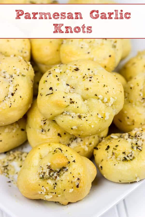 These Parmesan Garlic Knots are an easy, addicting appetizer! Soft homemade pizza dough is brushed with butter and sprinkled with garlic and Parmesan cheese! A perfect recipe for Game Day or any party!