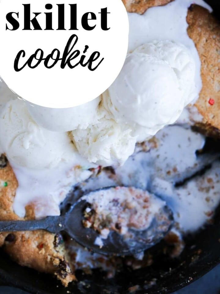 ice cream on top of skillet cookie.