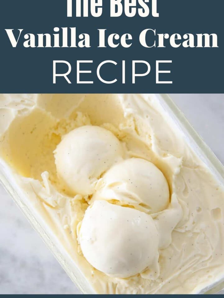 vanilla ice cream with scoops in container.