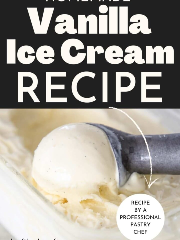 vanilla ice cream being scooped with metal ice cream scoop.