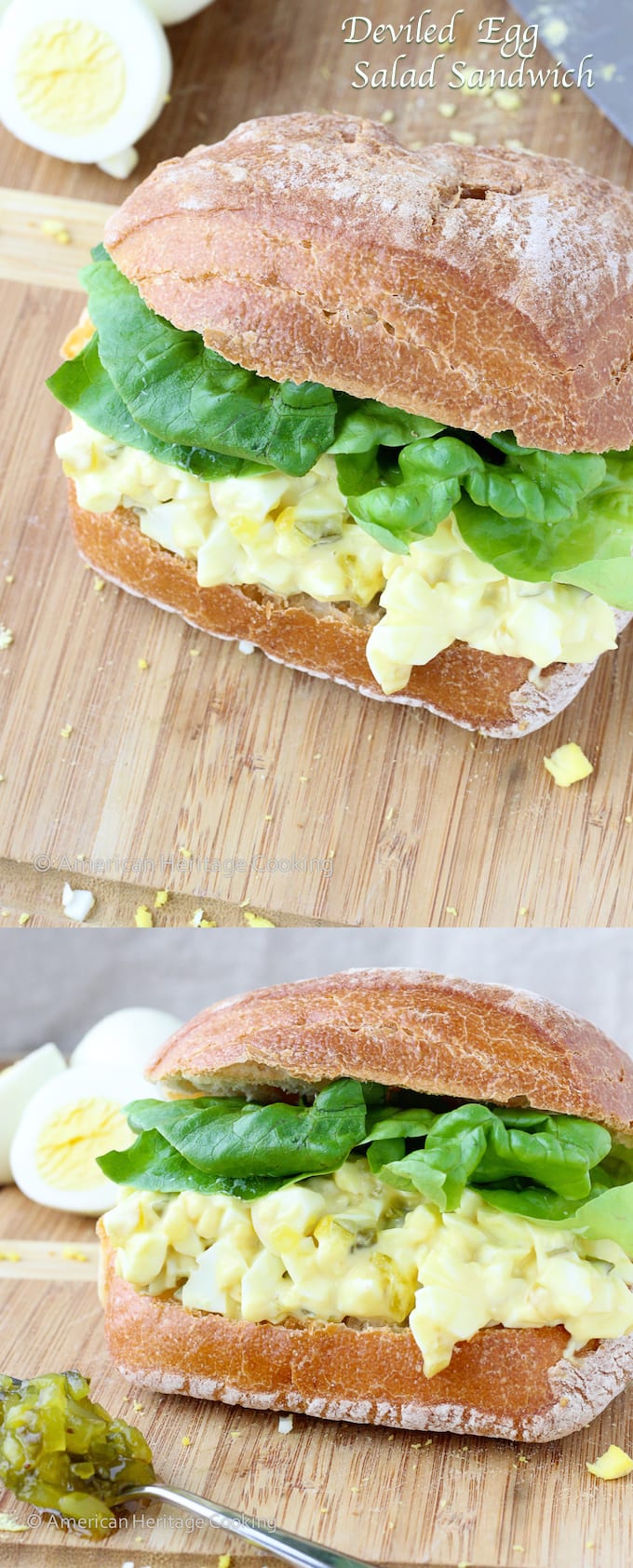 Egg salad sandwiches in ciabatta rolls with a spoonful of sweet relish.