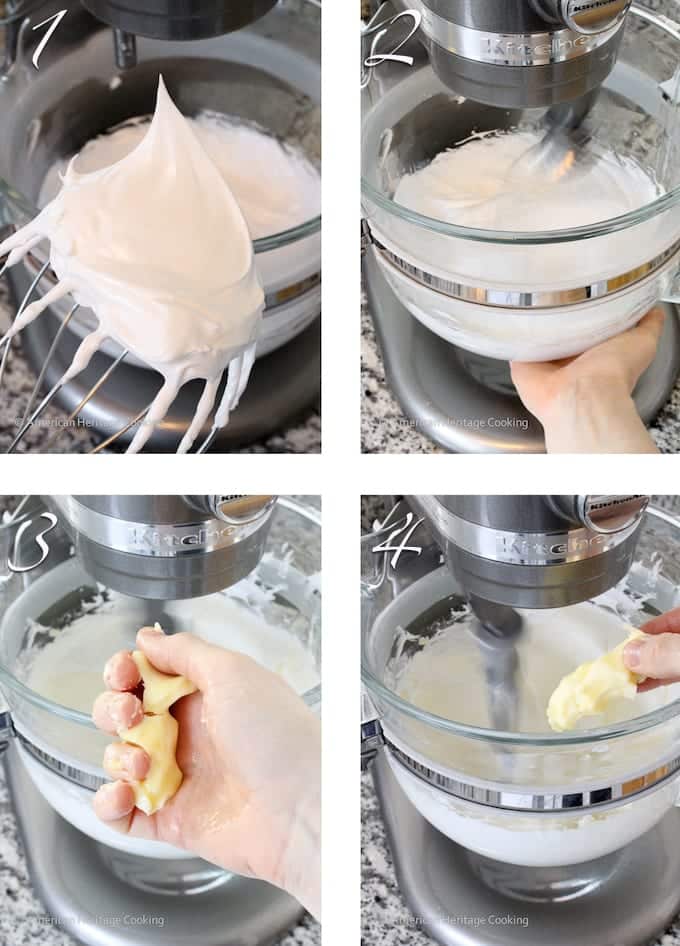 Egg whites whipped to stiff peaks and butter that is pliable to the touch in a hand.