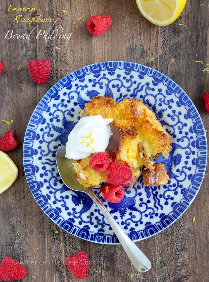 This Lemon Raspberry Bread Pudding with Lemon Brandy Sauce is the perfect light dessert for Spring! You will love the bright flavors! 
