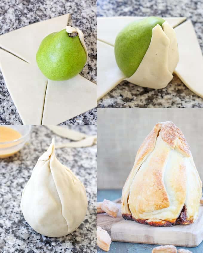 These Brown Sugar Pecan Stuffed Pears are d’Anjou pears stuffed with a simple mixture of brown sugar, cinnamon, cardamom and toasted pecans are wrapped in a flakey pastry, sprinkled with more sugar and topped with a warm butterscotch sauce. 