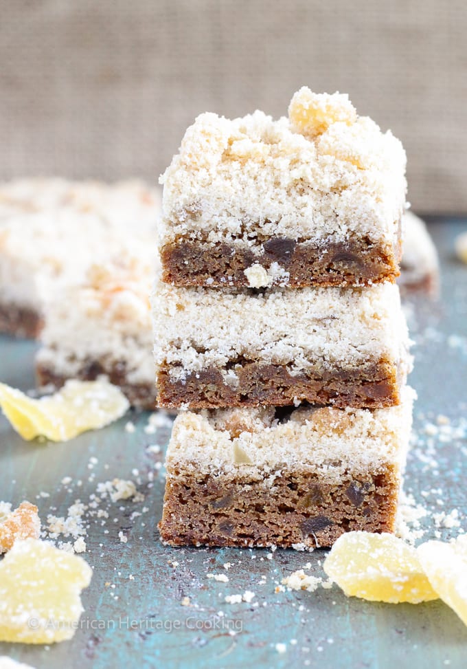 These Chewy Ginger Bars have a gingerbread base with a sweet candied ginger crumble topping!! There is candied ginger folded into the base for a perfect burst of ginger! 