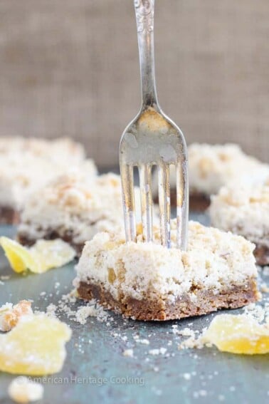 chewy ginger bars with fork.