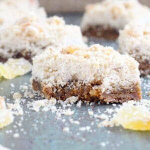 These Chewy Ginger Bars have a gingerbread base with a sweet candied ginger crumble topping!! There is candied ginger folded into the base for a perfect burst of ginger!