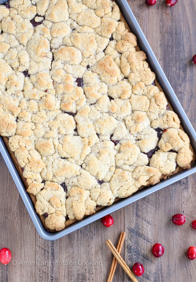 There are few homemade desserts easier than jam bars and these Cranberry Cinnamon Jam Bars are not only easy they pack serious holiday flavor! The cinnamon streusel doubles as both the top and bottom crusts with a gooey, spiced cranberry filling in between. 