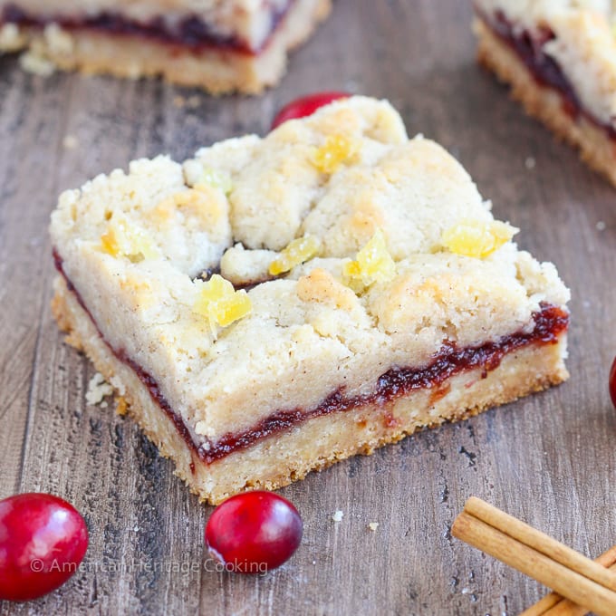 There are few homemade desserts easier than jam bars and these Cranberry Cinnamon Jam Bars are not only easy they pack serious holiday flavor! The cinnamon streusel doubles as both the top and bottom crusts with a gooey, spiced cranberry filling in between. 