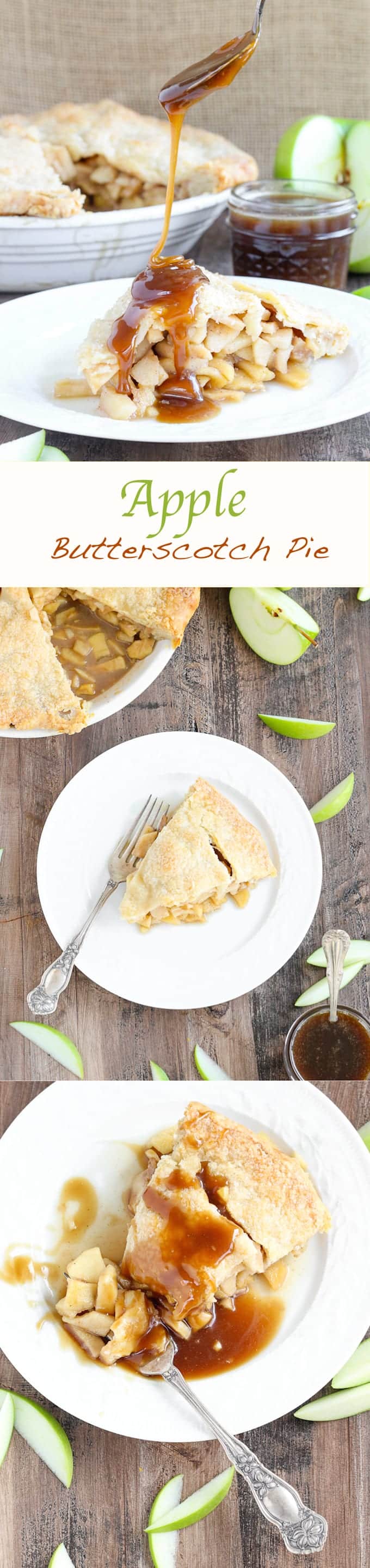 This Apple Butterscotch Pie is absolute heaven! Lightly spiced apples baked inside a flakey all-butter crust with brown sugar butterscotch sauce!