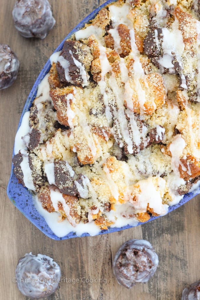 This Coffee Donut Bread Pudding takes everything you love about breakfast and bakes it into one easy dish! Cake donuts baked in a coffee custard for the perfect addition to brunch! 