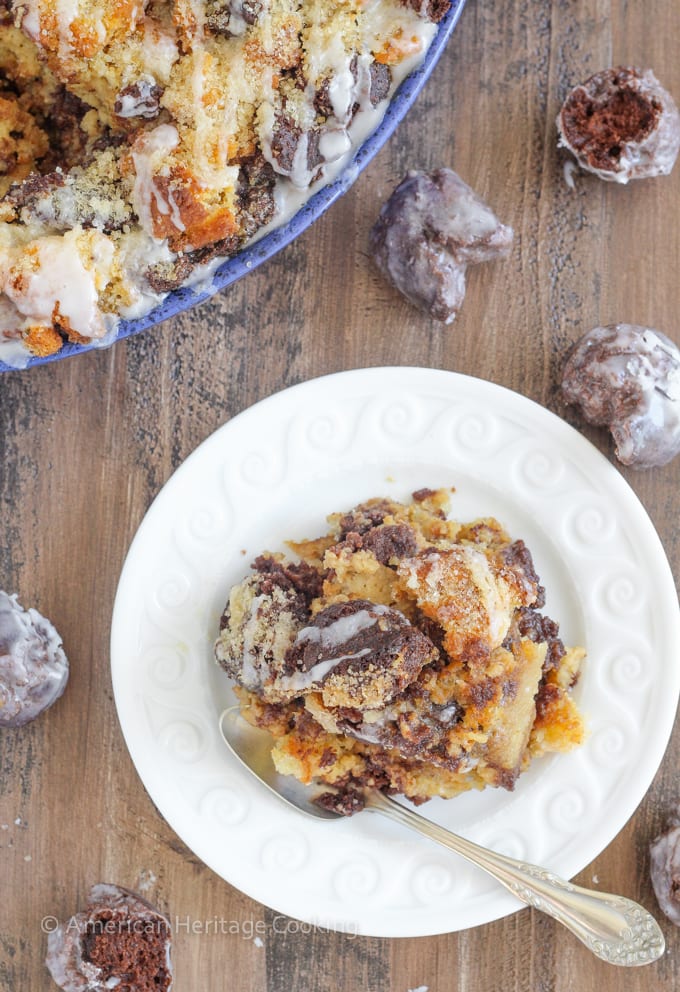 This Coffee Donut Bread Pudding takes everything you love about breakfast and bakes it into one easy dish! Cake donuts baked in a coffee custard for the perfect addition to brunch! 