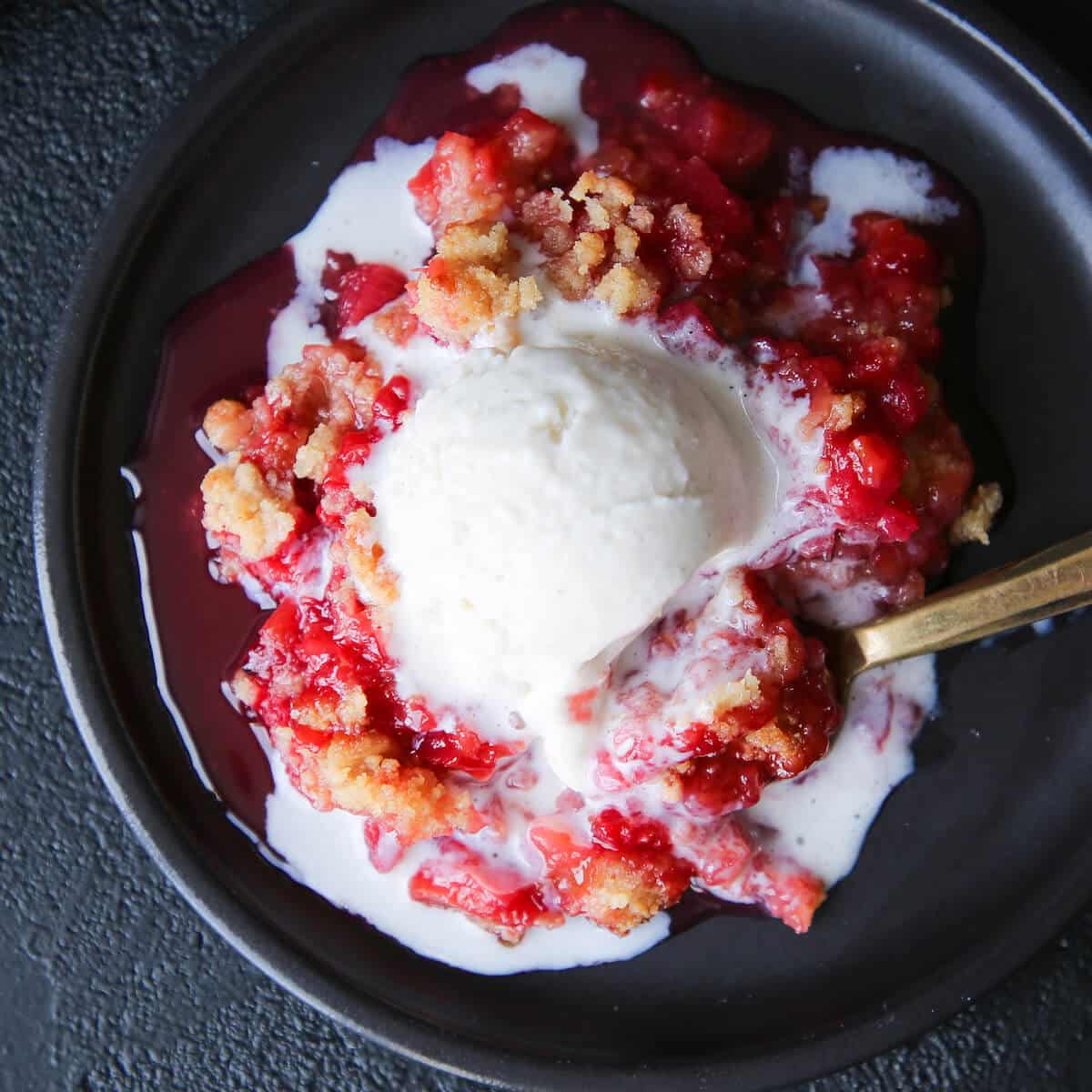 Grandmas Raspberry Rhubarb Crumble melted ice cream