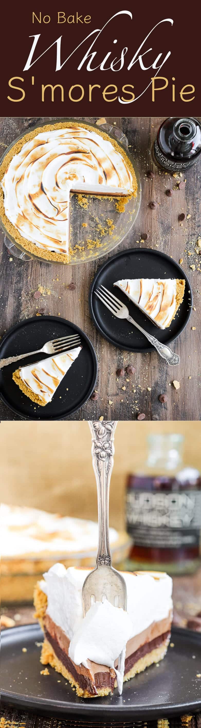 This No Bake Whiskey Smores Pie is a slice of Summer Heaven! There are layers of dark chocolate whisky ganache, milk chocolate mousse and fluffy toasted marshmallow in the perfect graham cracker crust. Go ahead…help yourself to another slice. 