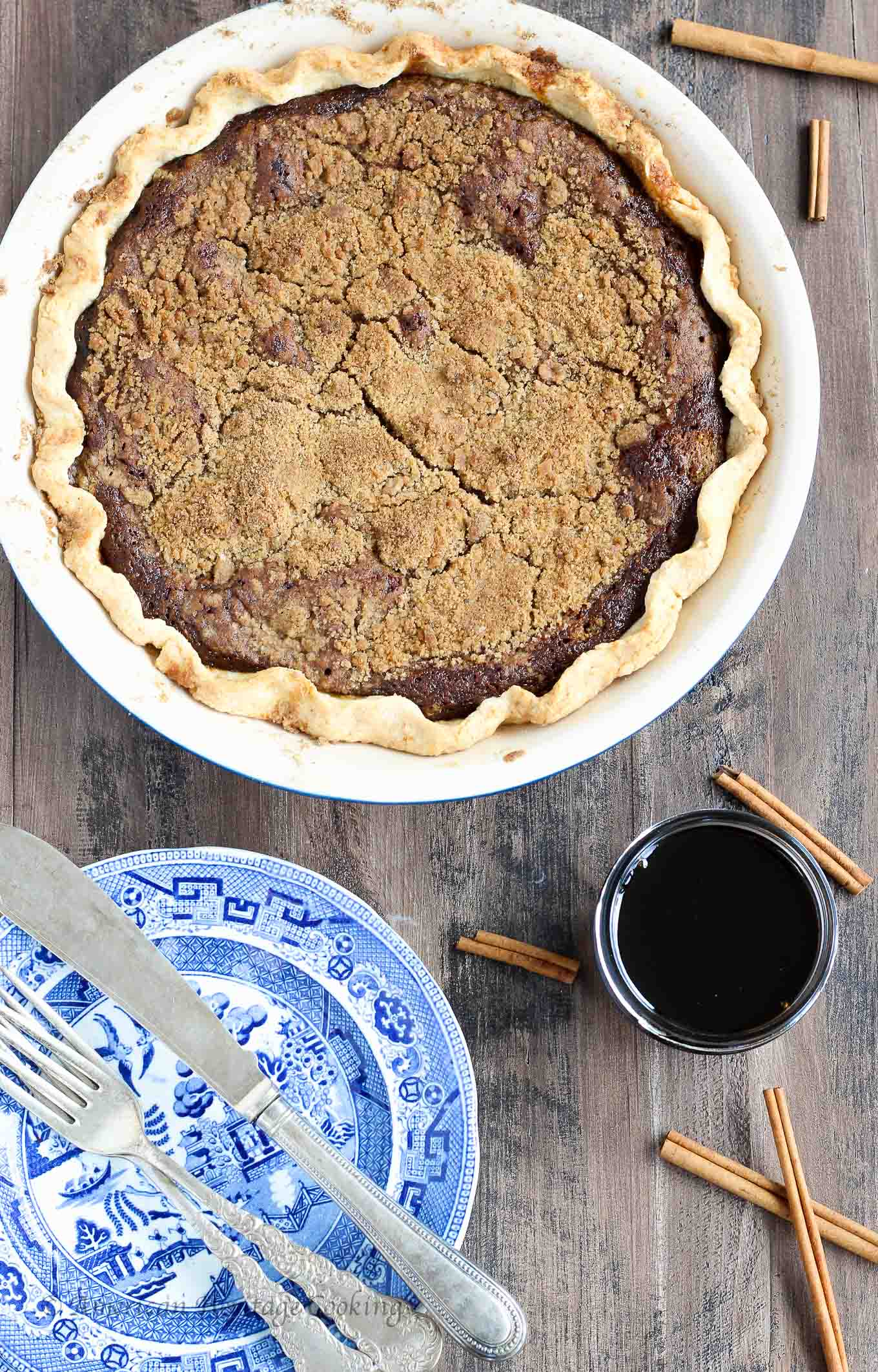  This shoofly pie has all the flavors of a molasses ginger cookie mixed with a buttery streusel in a flakey pastry crust. The rich, spicy, sweet filling just melts in your mouth bite after bite (slice after slice)