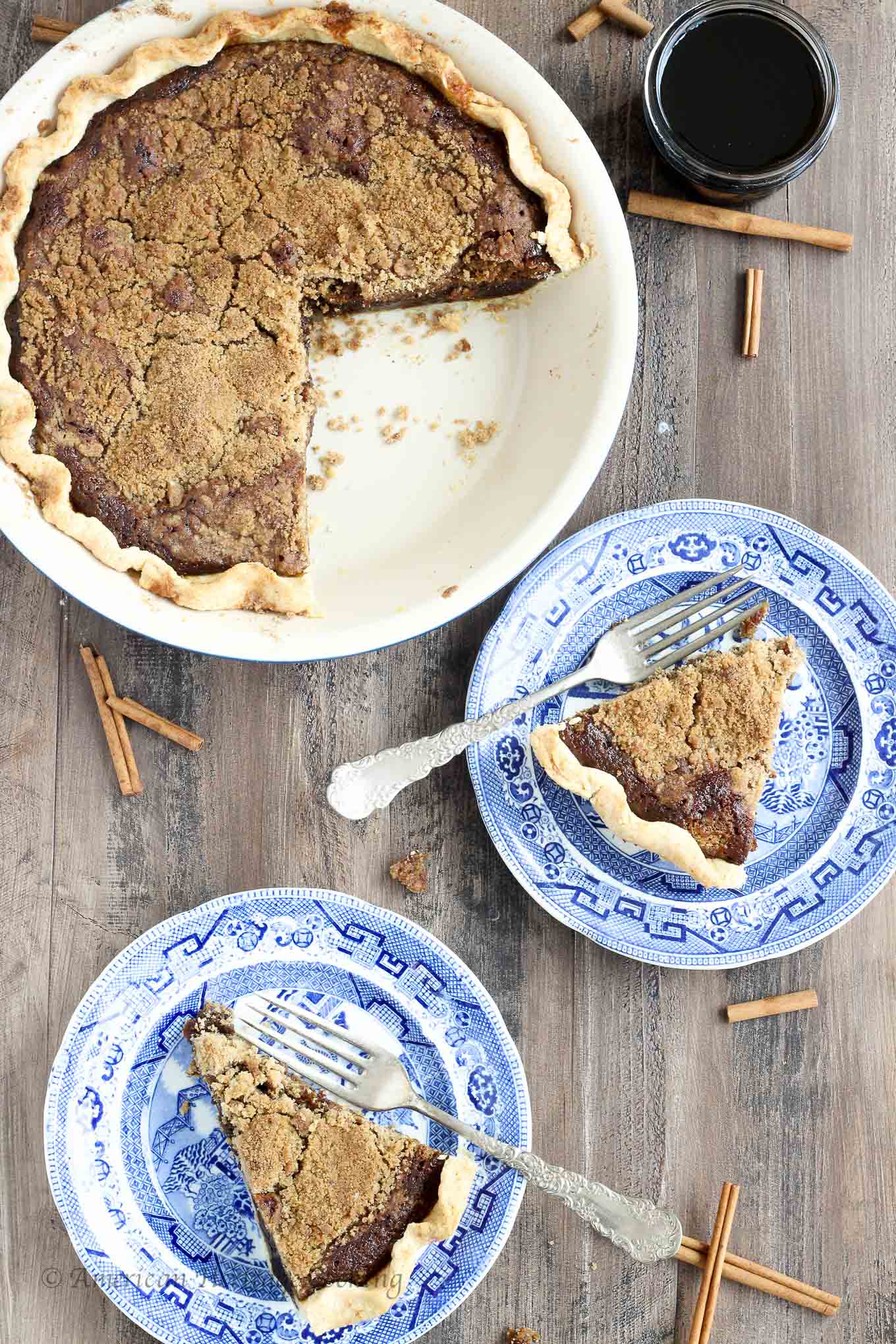  This shoofly pie has all the flavors of a molasses ginger cookie mixed with a buttery streusel in a flakey pastry crust. The rich, spicy, sweet filling just melts in your mouth bite after bite (slice after slice)