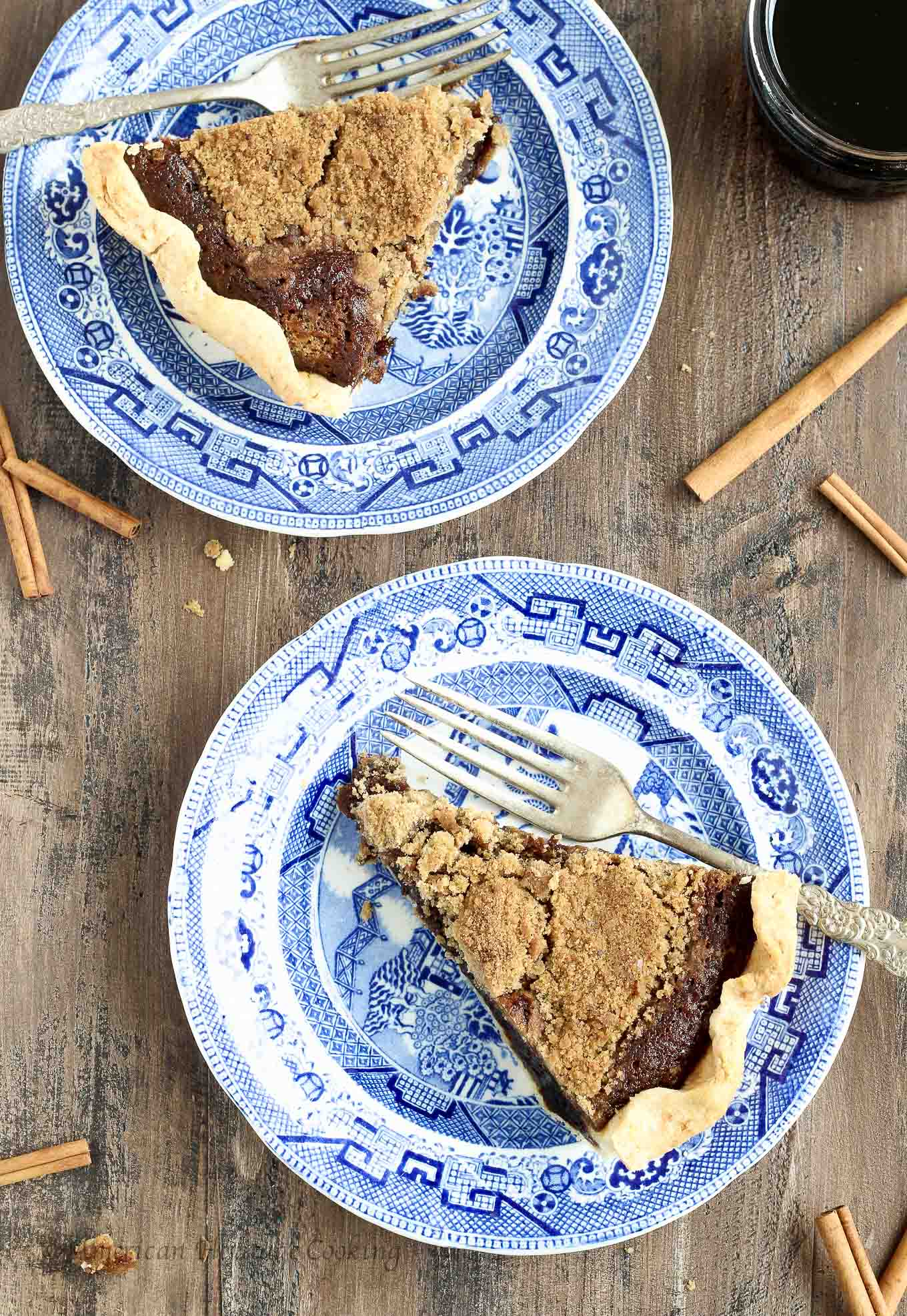  This shoofly pie has all the flavors of a molasses ginger cookie mixed with a buttery streusel in a flakey pastry crust. The rich, spicy, sweet filling just melts in your mouth bite after bite (slice after slice)