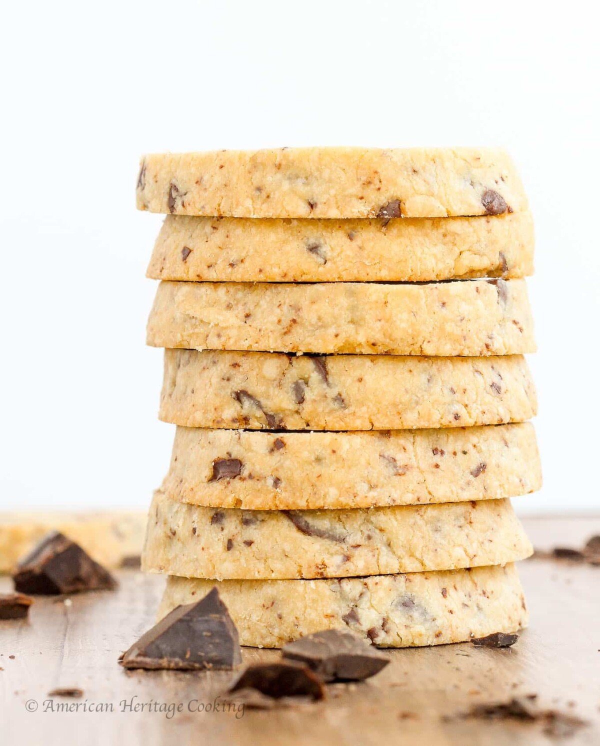 Easy chocolate dessert of chocolate chip shortbread cookies stacked.