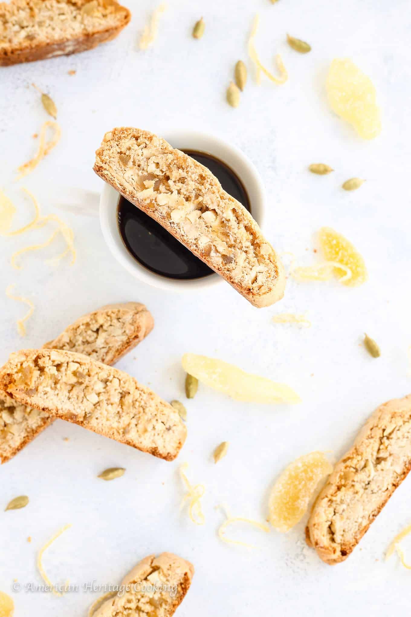These sensational Ginger Orange Almond Biscotti are a little bit spicy and bit sweet! They have notes of ginger, orange, cardamom and cinnamon all baked to crispy perfection. Perfect for dunking in coffee or just snacking! 