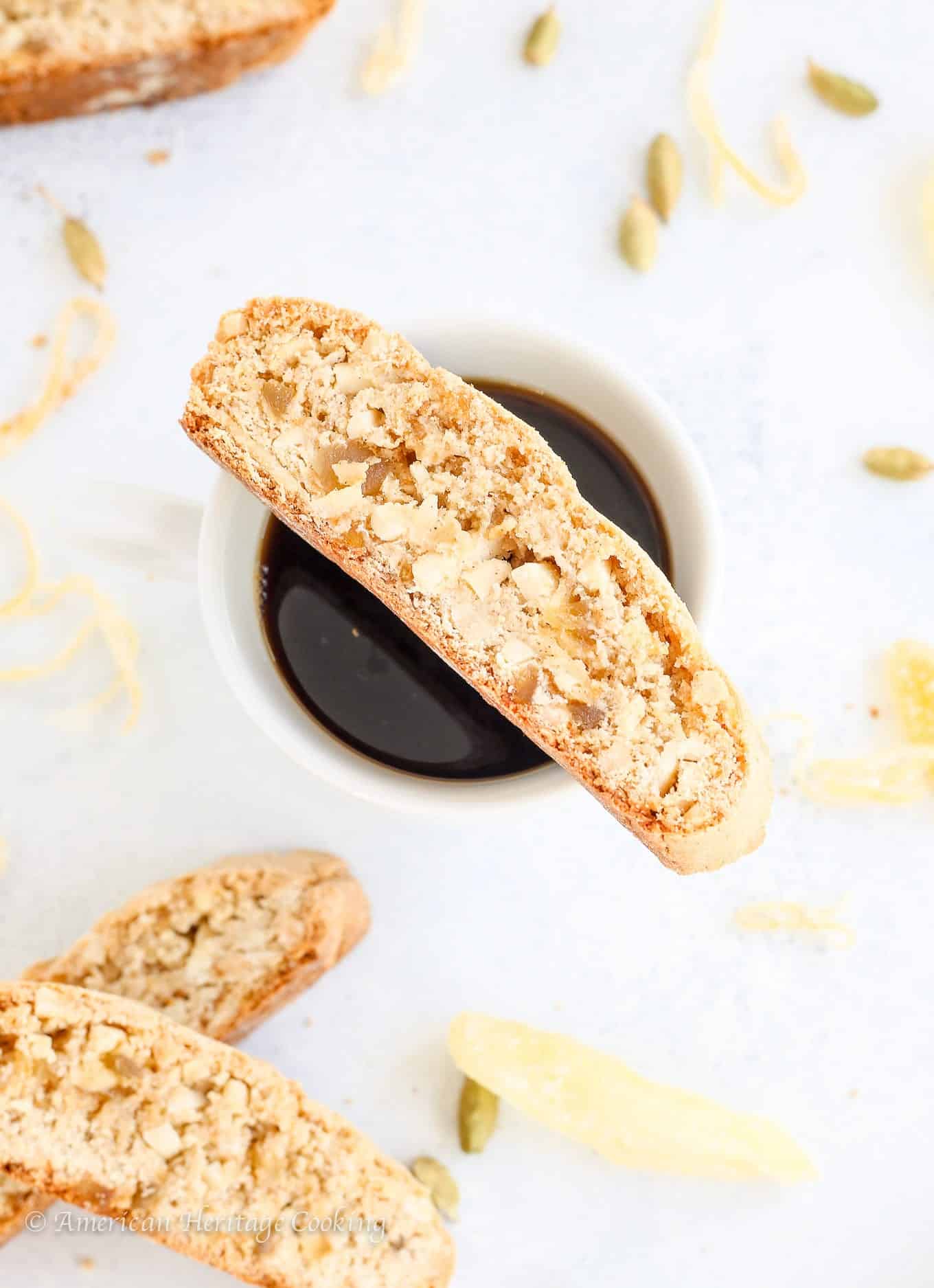 These sensational Ginger Orange Almond Biscotti are a little bit spicy and bit sweet! They have notes of ginger, orange, cardamom and cinnamon all baked to crispy perfection. Perfect for dunking in coffee or just snacking! 