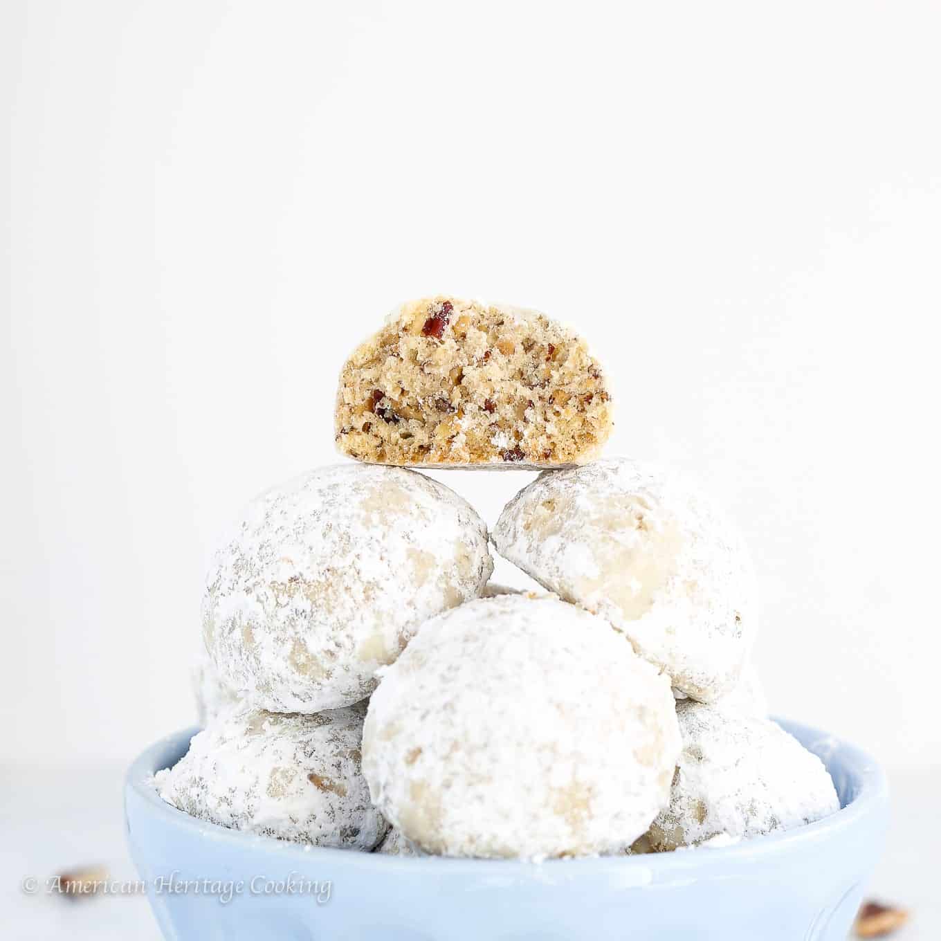 Mexican wedding cookies showing crumbly inside.