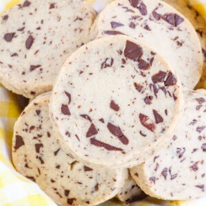 Chocolate Chip Shortbread Cookies in yellow towel