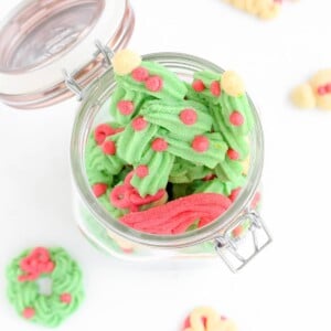 Holiday Spritz Cookies in cookie jar