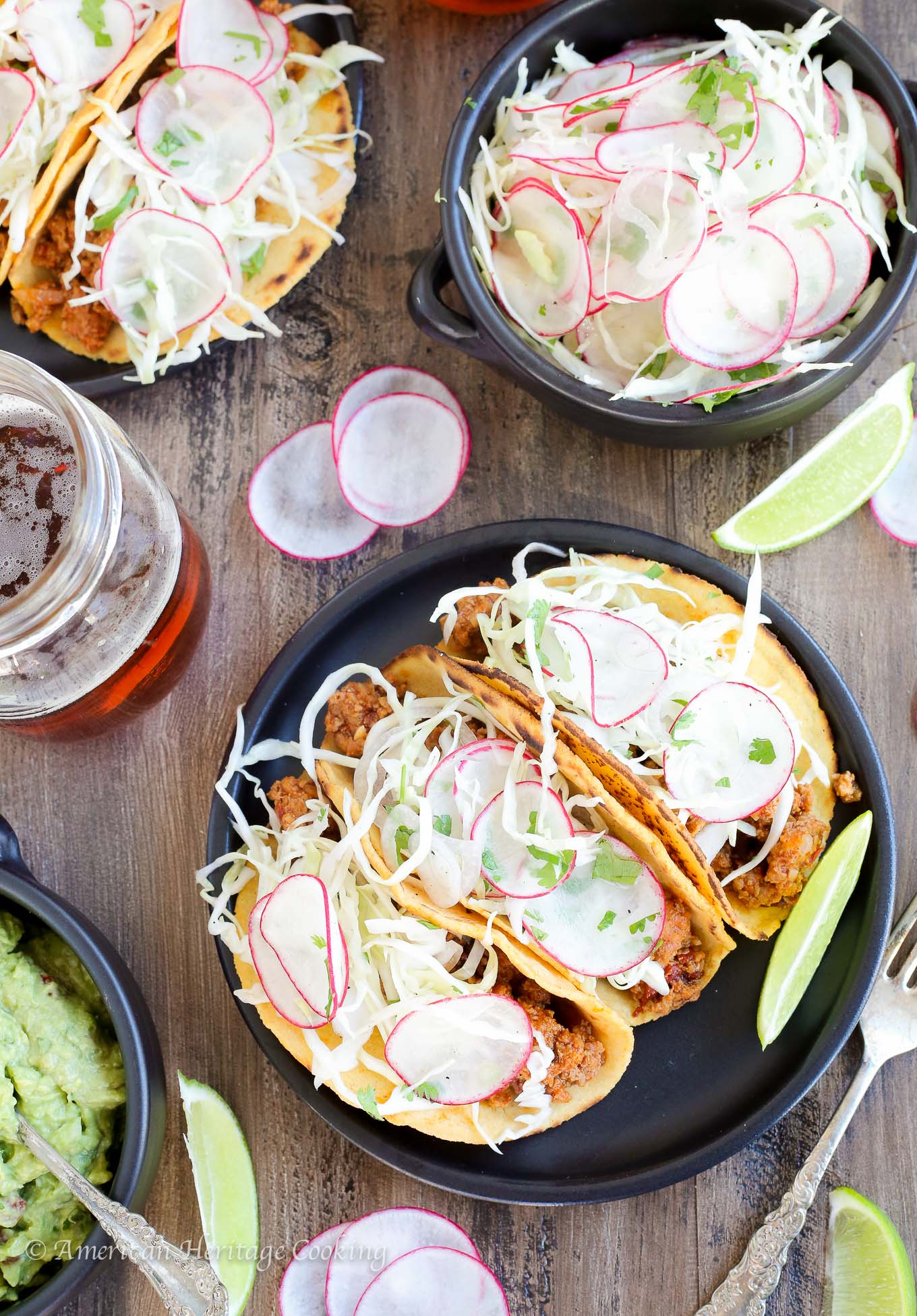 These Chipotle Chorizo Tacos are smoky, spicy and complex! The homemade sweet potato tortilla temper the spice with a little bit of sweetness and a mezcal lime slaw brightens the flavors and pulls the whole taco together!