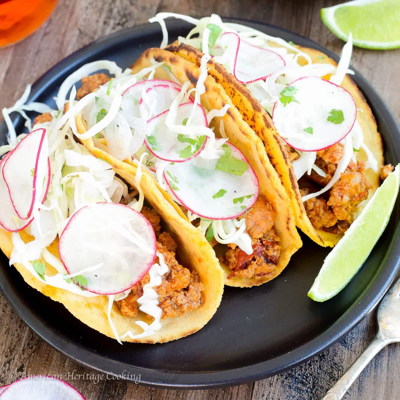 These Chipotle Chorizo Tacos are smoky, spicy and complex! The homemade sweet potato tortilla temper the spice with a little bit of sweetness and a mezcal lime slaw brightens the flavors and pulls the whole taco together! 