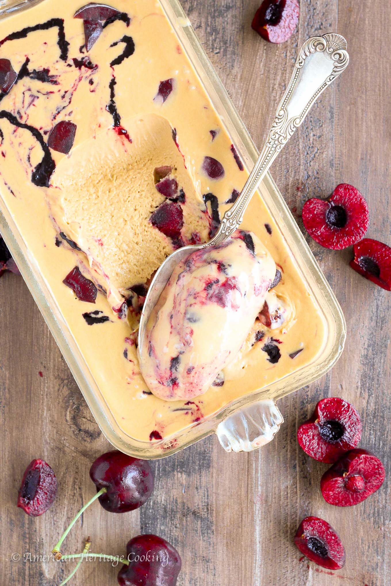 This Bourbon Cherry Caramel Ice Cream is a smooth, rich caramel ice cream with a homemade cherry jam swirl and Bourbon soaked cherries! 