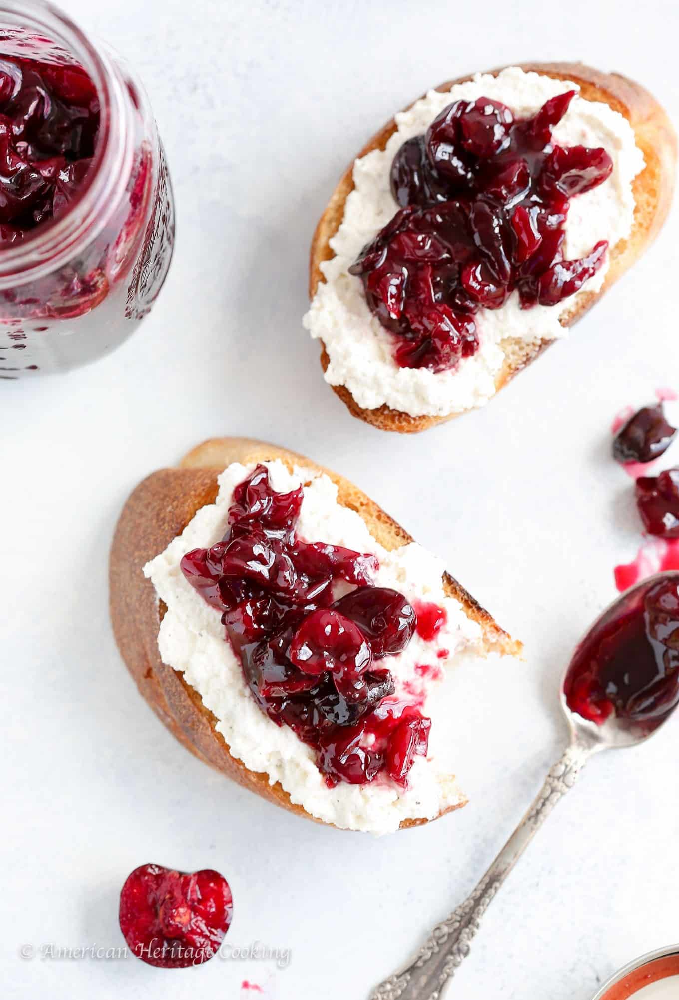 These Cherry Preserves are quick and easy! Stock up on Summer’s bounty and enjoy all year! I spread mine on black pepper honey ricotta toast for an easy snack or breakfast. 