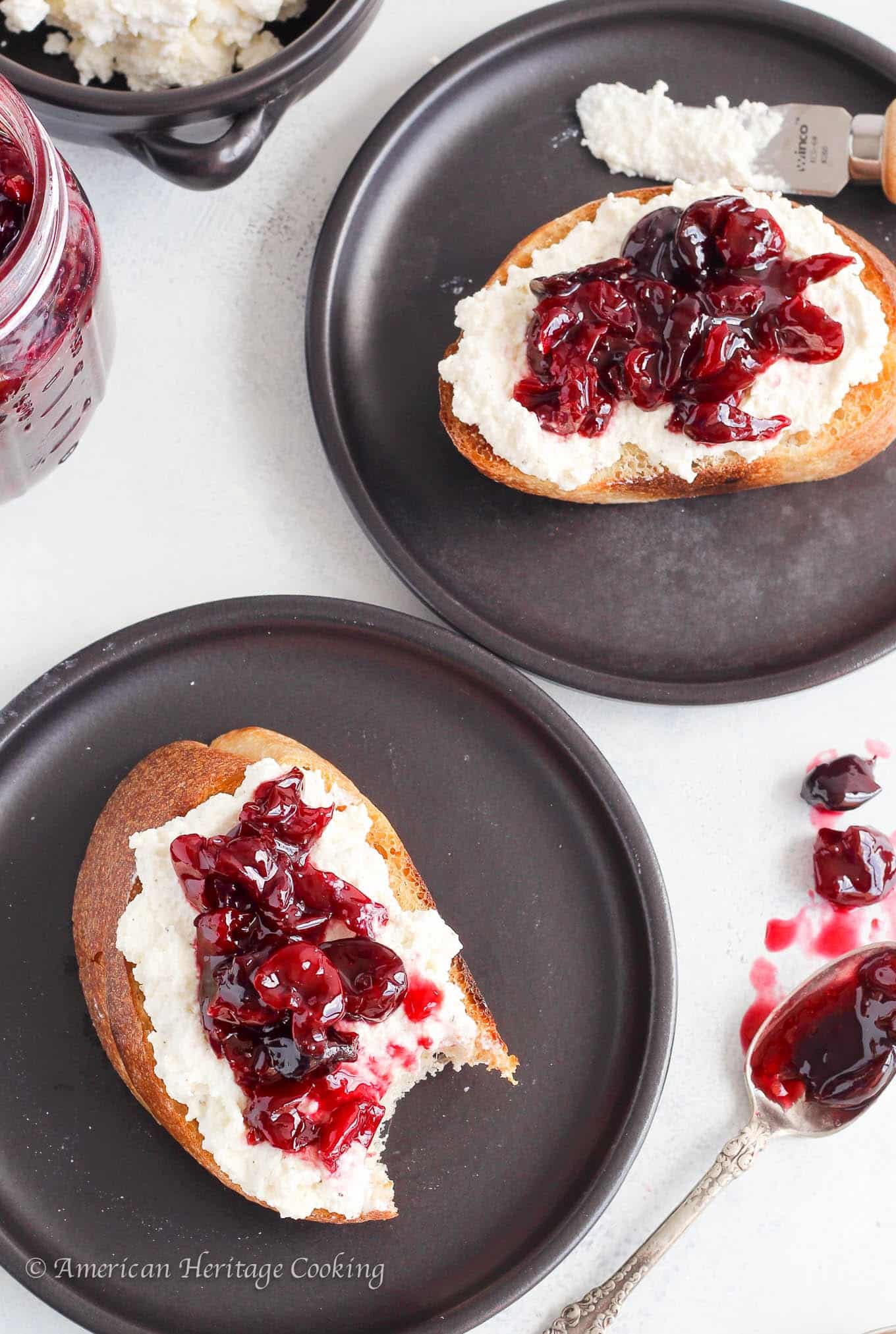  These Cherry Preserves are quick and easy! Stock up on Summer’s bounty and enjoy all year! I spread mine on black pepper honey ricotta toast for an easy snack or breakfast. 