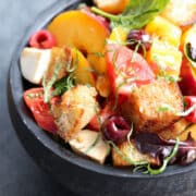 Stone Fruit Capreses Panzanella Salad black wooden bowl