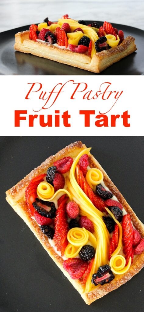 Puff pastry tart with colorful fresh fruit topping.